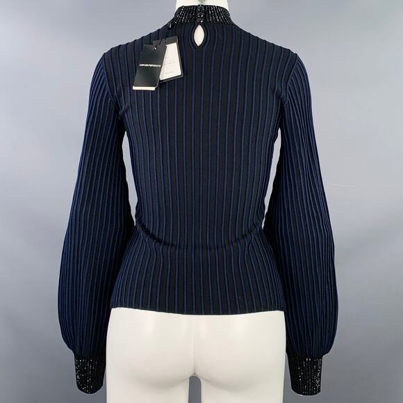 EMPORIO ARMANI Size S Black Navy Viscose Blend Stripe Mock Neck Dress Top - Picture 4 of 9